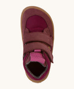A top down image of the Froddo barefoot tex kids autumn shoes in bordeaux pink available at Babipur showing the 2 velcro straps and insole detail
