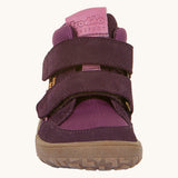 The front of the Froddo barefoot tex kids autumn shoes in purple available at Babipur showing the 2 velcro straps on the front and grippy sole detail