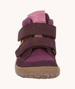 The front of the Froddo barefoot tex kids autumn shoes in purple available at Babipur showing the 2 velcro straps on the front and grippy sole detail