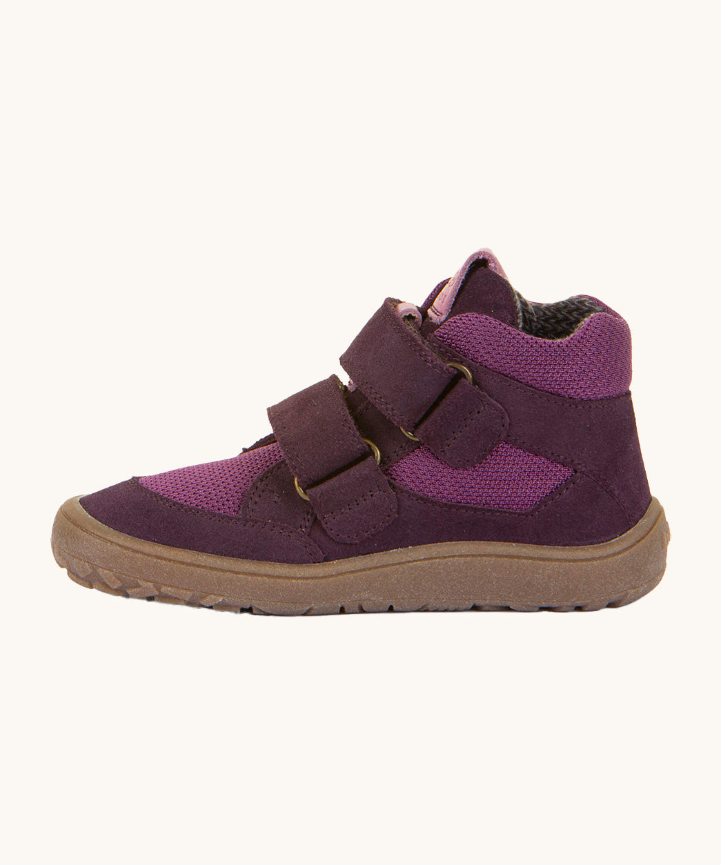 Froddo barefoot tex kids spring shoes in purple available at Babipur showing the side detail of the shoe with the velcro strap going through the loop