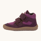 Froddo barefoot tex kids spring shoes in purple available at Babipur showing the side detail of the shoe with the velcro strap going through the loop