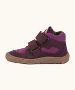 Froddo barefoot tex kids spring shoes in purple available at Babipur showing the side detail of the shoe with the velcro strap going through the loop
