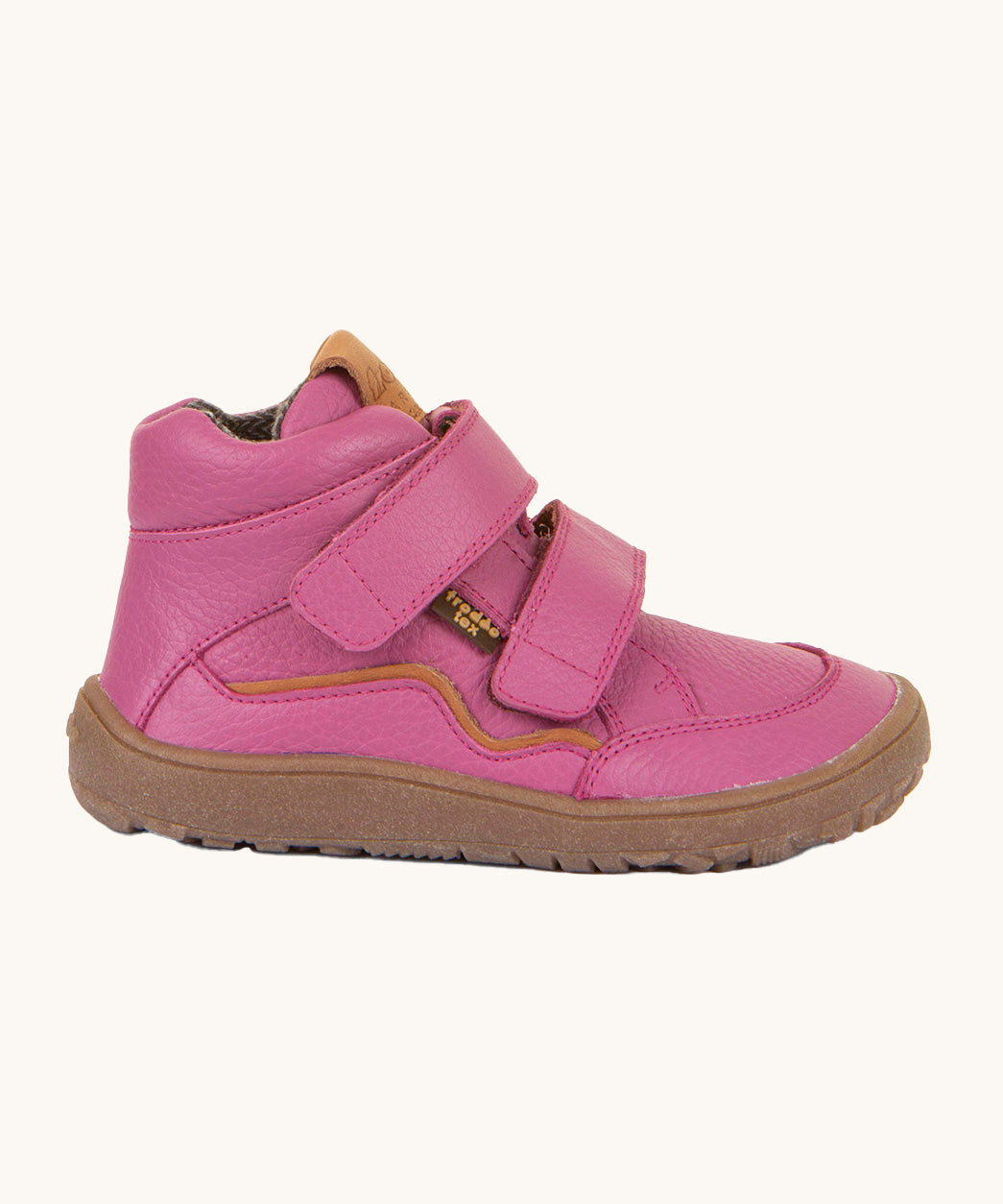 A side image of a Froddo barefoot Autumn children's shoe in fuchsia pink available at Babipur showing the 2 velcro fastener padded ankle support and the dark brown grippy sole detail