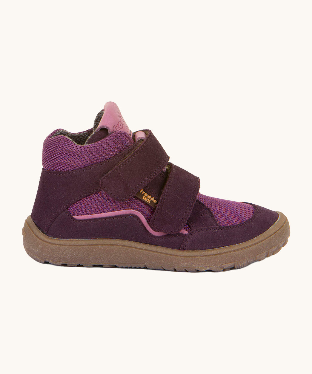 A side image of the Froddo barefoot tex kids autumn shoes in purple available at Babipur showing the 2 velcro straps and brown grippy sole detail