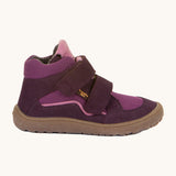 A side image of the Froddo barefoot tex kids autumn shoes in purple available at Babipur showing the 2 velcro straps and brown grippy sole detail
