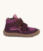 A side image of the Froddo barefoot tex kids autumn shoes in purple available at Babipur showing the 2 velcro straps and brown grippy sole detail