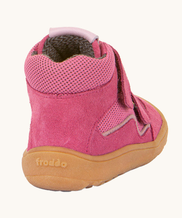 Froddo barefoot tex kids spring shoes in fuchsia available at Babipur showing the padded ankle detail