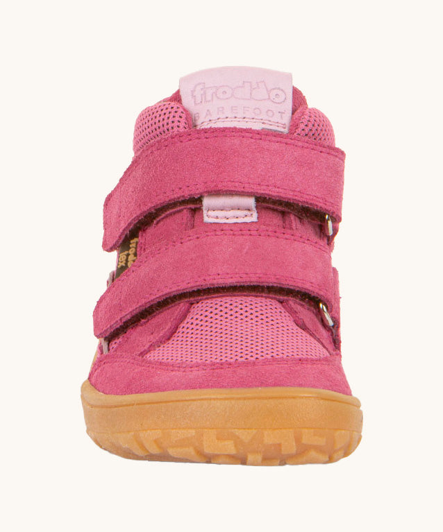 Froddo barefoot tex kids spring shoes in fuchsia available at Babipur showing the front detail of the shoe