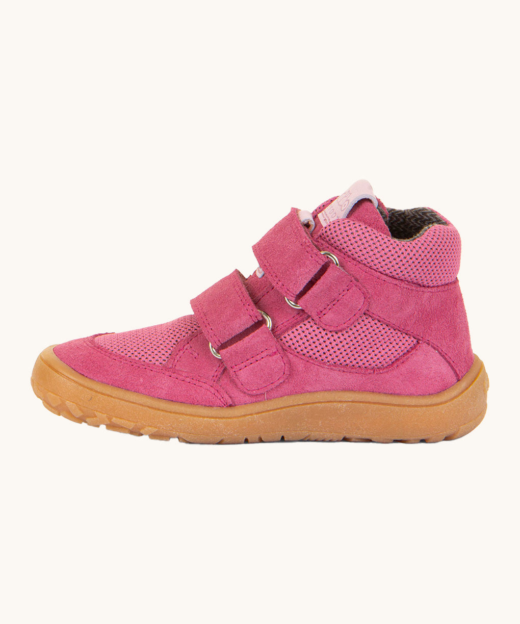 Froddo barefoot tex kids spring shoes in fuchsia available at Babipur showing the side detail of the shoe with the velcro strap going through the loop