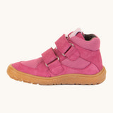 Froddo barefoot tex kids spring shoes in fuchsia available at Babipur showing the side detail of the shoe with the velcro strap going through the loop