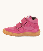Froddo barefoot tex kids spring shoes in fuchsia available at Babipur showing the side detail of the shoe with the velcro strap going through the loop