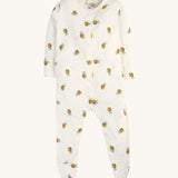 The buzzy bee babygrow from the Frugi Baby Muslin Gift Set - Buzzy Bee. A cream cotton fabric with happy bee prints