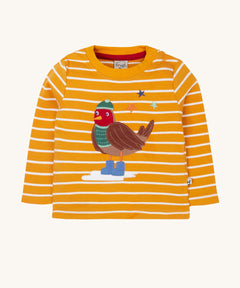 Frugi discovery applique top in gold breton/robin available at Babipur. A orange and white striped GOTS organic top with long sleeves and a cute robin applique on the front. Features popper fasteners on the shoulder.