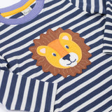 A close up of the Frugi discovery applique top in stripe/Lion available at Babipur showing the applique detail and light blue trim on the neck