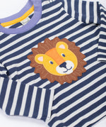 A close up of the Frugi discovery applique top in stripe/Lion available at Babipur showing the applique detail and light blue trim on the neck