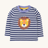 Frugi discovery applique top in stripe/Lion available at Babipur. A blue and white striped GOTS organic top with long sleeves and a cute lion's head applique on the front. Features popper fasteners on the shoulder.