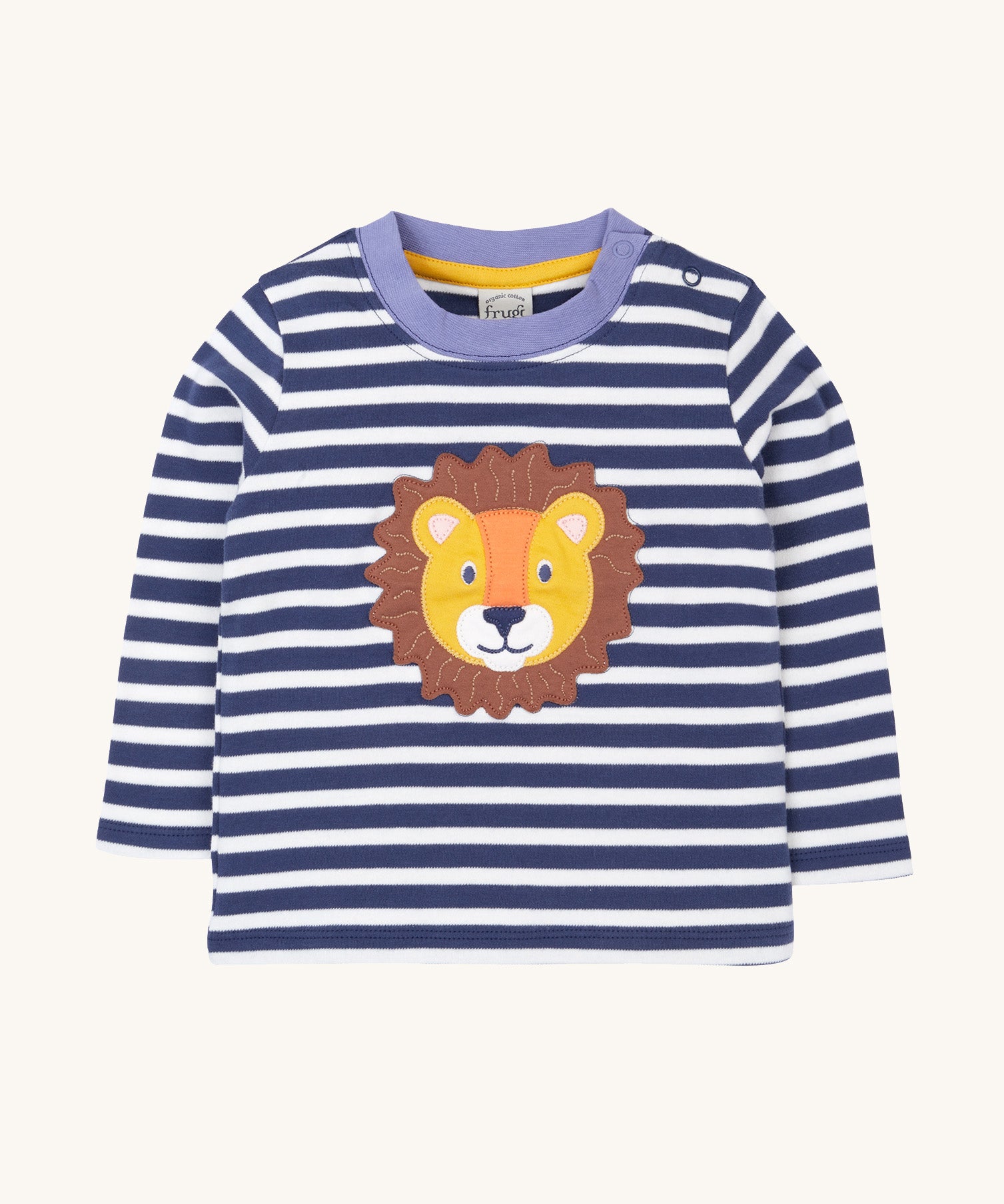 Frugi discovery applique top in stripe/Lion available at Babipur. A blue and white striped GOTS organic top with long sleeves and a cute lion's head applique on the front. Features popper fasteners on the shoulder.