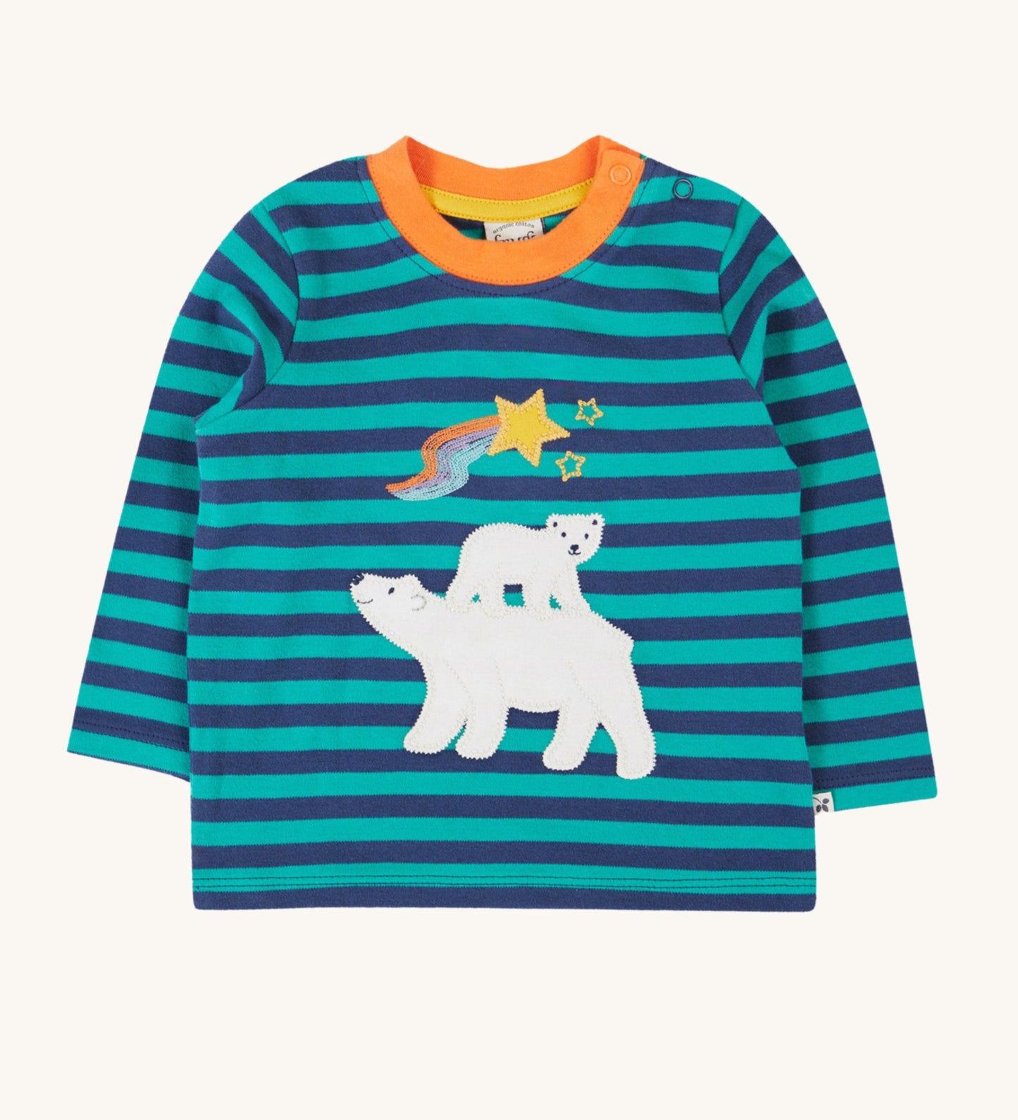 Frugi discovery applique top in stripe/polar bear available at Babipur.. A blue striped GOTS organic top with long sleeves and a cute polar bear applique on the front. Features popper fasteners on the shoulder.