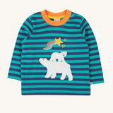 Frugi discovery applique top in stripe/polar bear available at Babipur.. A blue striped GOTS organic top with long sleeves and a cute polar bear applique on the front. Features popper fasteners on the shoulder.