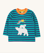 Frugi discovery applique top in stripe/polar bear available at Babipur.. A blue striped GOTS organic top with long sleeves and a cute polar bear applique on the front. Features popper fasteners on the shoulder.