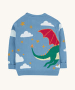 The back of the Frugi elwood knitted jumper in dragon skies available at Babipur. Showing the flying green dragon design wrapped around.