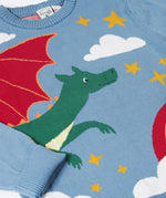 A close up of the flying green dragon design on the Frugi elwood knitted jumper in dragon skies available at Babipur.