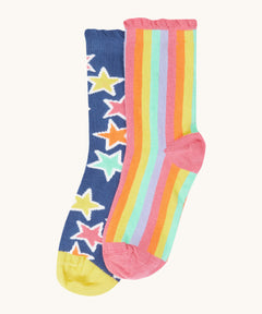 Frugi Frill Socks 2 Pack in stars available at Babipur. A pair of GOTS organic socks in a blue with bold stars  and a light pastel stripe design sock. Socks features a gentle frill around the ankle
