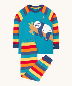 Frugi Jamie jim jams in rainbow stripe/panda design available at Babipur. A GOTS organic cotton 2 piece pyjama set with a sleeping panda applique on the top and rainbow striped bottoms