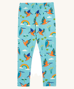 Frugi libby leggings in kingfisher skies available at Babipur. A GOTS organic cotton legging in light blue colour with a kingfisher and rainbow design.