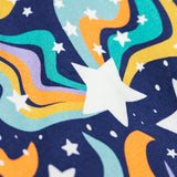 A close up of the print on theFrugi Magic Skies Organic Cotton Cosy Skater Dress. This party dress is a part of a wide range of organic cotton clothing for children available here at Babipur.