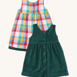The back of the Frugi Rosalie Reversible Baby and Toddler Dress. One side features robin readbreast appliques on a Holly green cord with the other side featuring a rainbow coloured check. This dress is a part of a wide range of organic cotton clothing for children available here at Babipur.