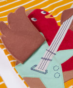 A close up of the Frugi Gold Rockin' Robin Summit Circular Organic Cotton Top available at Babipur showing the wing detail on the robin applique