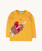 Frugi Gold Rockin' Robin Summit Circular Organic Cotton Top. This yellow gold and white striped long sleeved top has a fun robin playing the guitar applique on the front. This top is a part of a wide range of organic cotton clothing for children available here at Babipur.