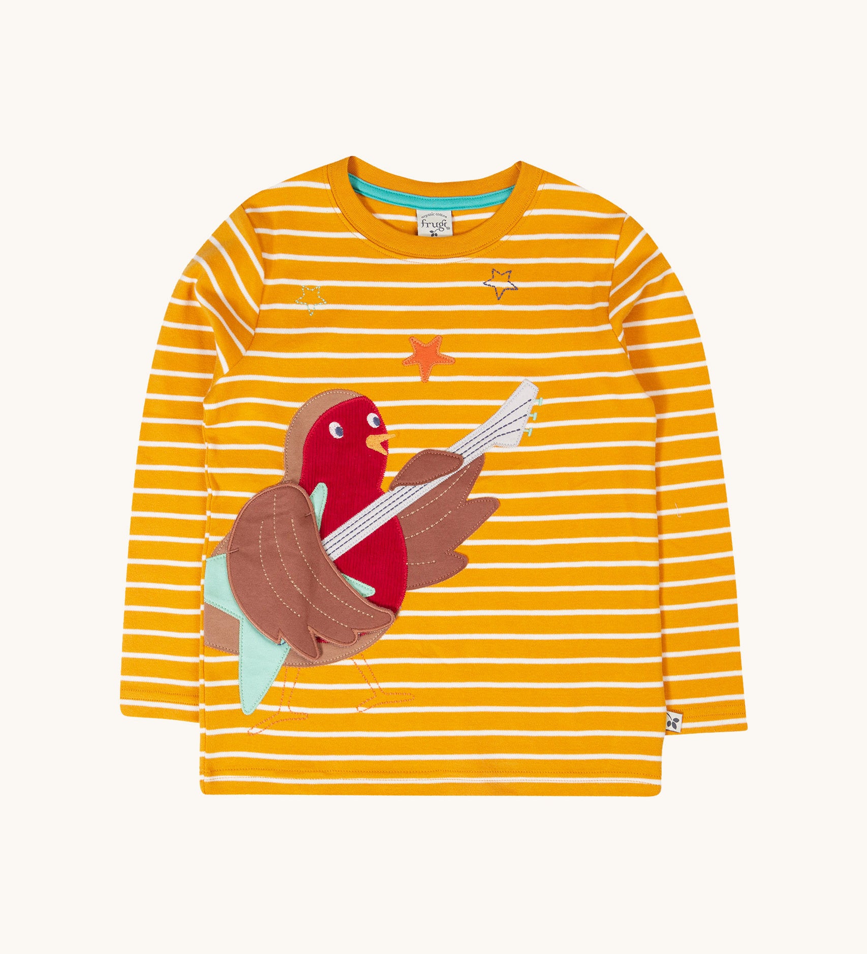 Frugi Gold Rockin' Robin Summit Circular Organic Cotton Top. This yellow gold and white striped long sleeved top has a fun robin playing the guitar applique on the front. This top is a part of a wide range of organic cotton clothing for children available here at Babipur.