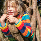 A close up of a child wearing the Frugi Autumn stripe ted fleece available at Babipur. Showing the fleece and light blue trim detail