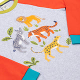 A close p of the big cats appliques on the front of the Frugi Jake Grey Big Cats Circular Organic Cotton Long Sleeved Kids' Top. The top has four big cat and leafy themed appliques on the front. This top is a part of a wide range of organic cotton clothing for children available here at Babipur.