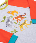A close p of the big cats appliques on the front of the Frugi Jake Grey Big Cats Circular Organic Cotton Long Sleeved Kids' Top. The top has four big cat and leafy themed appliques on the front. This top is a part of a wide range of organic cotton clothing for children available here at Babipur.