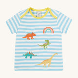 Frugi blue striped short sleeve t shirt dino design on a cream background