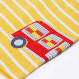 Frugi yellow striped dress fire engine design print detail