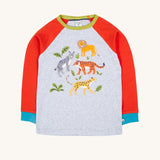 Frugi Jake Grey Big Cats Circular Organic Cotton Long Sleeved Kids' Top. The top has four big cat and leafy themed appliques on the front. This top is a part of a wide range of organic cotton clothing for children available here at Babipur.