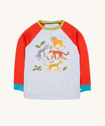 Frugi Jake Grey Big Cats Circular Organic Cotton Long Sleeved Kids' Top. The top has four big cat and leafy themed appliques on the front. This top is a part of a wide range of organic cotton clothing for children available here at Babipur.