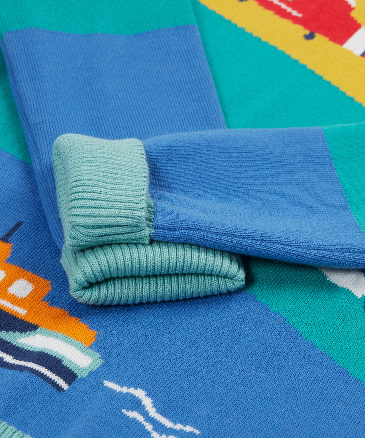 Frugi striped knitted jumper vehicles cuff detail