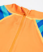Frugi blue and orange little sun safe suit  crab back neck detail