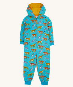 Frugi Organic Cotton blue wild cats print Children's Big Snuggle Suit. This all in one snuggle suit is a part of a wide range of organic cotton clothing for children available here at Babipur.