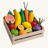 Erzi Wooden Assorted Fruits & Vegetables XL. A fantastic selection of large wooden fruits and vegetables, neatly inside a wooden Erzi crate.