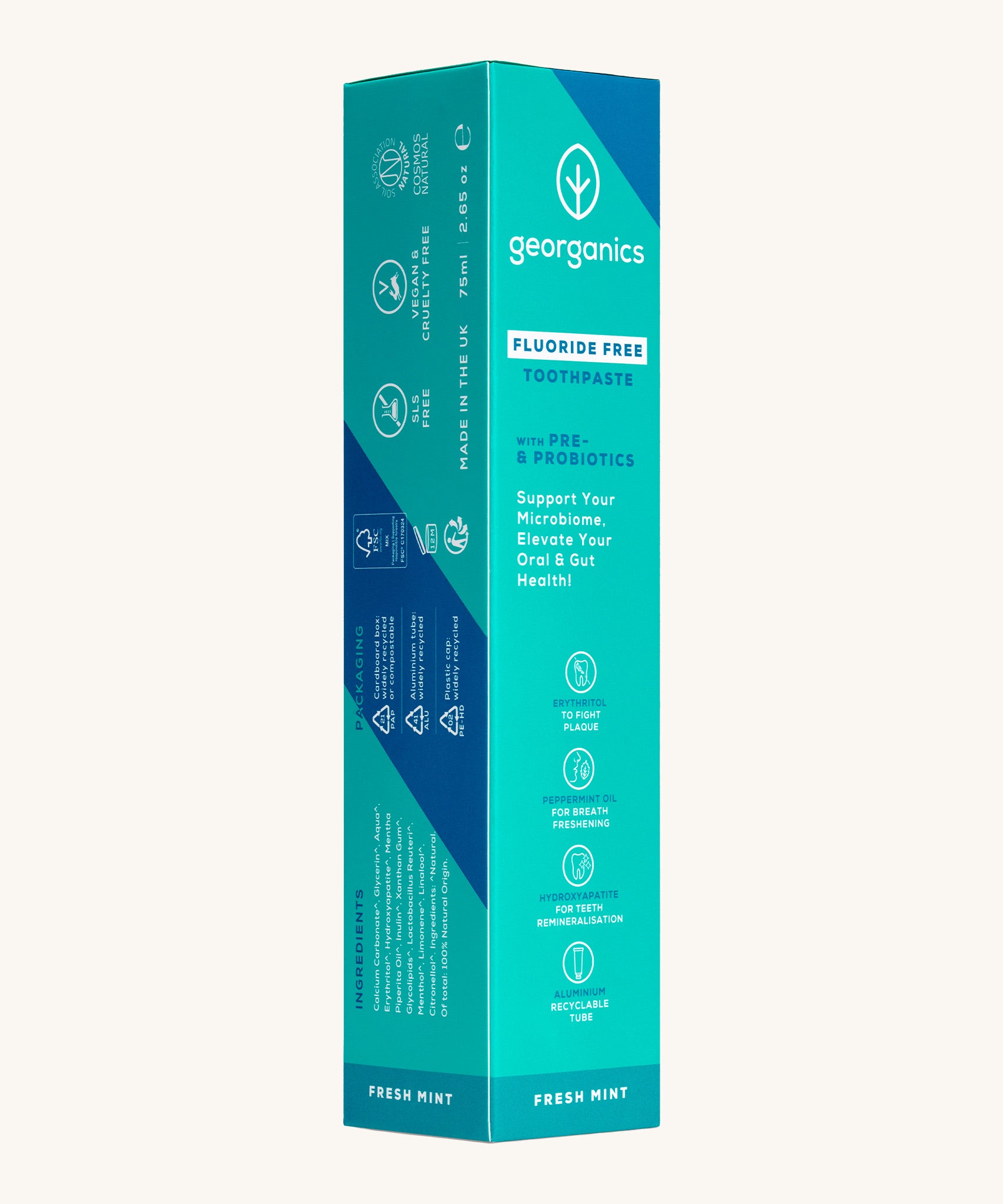 The turquoise cardboard packaging for the Georganics fluoride free toothpaste with pre and prebiotcs in fresh mint flavour