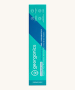 A close up of the turquoise cardboard packaging for the Georganics fluoride free toothpaste with pre and prebiotcs in fresh mint flavour available at Babipur.
