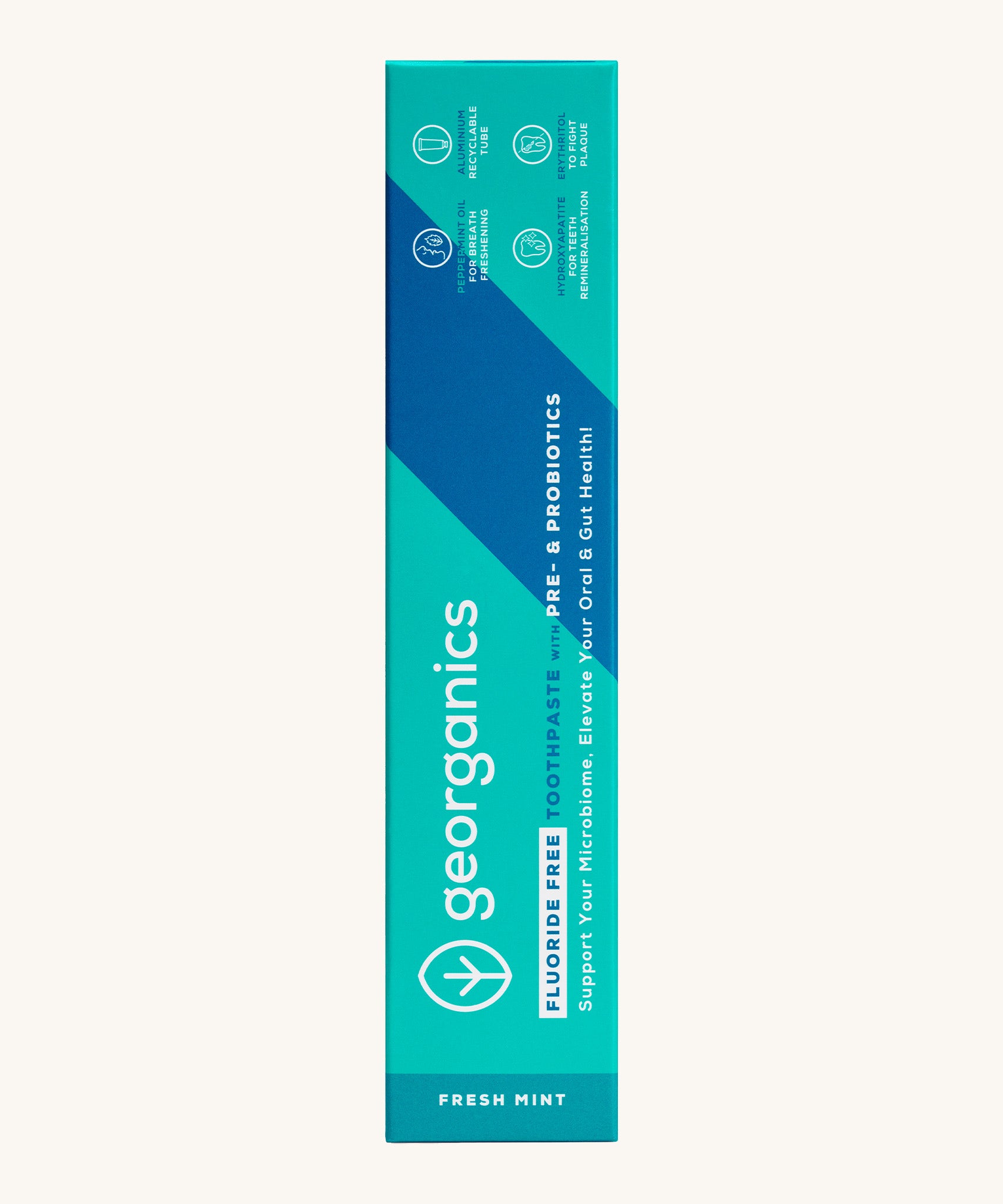 A close up of the turquoise cardboard packaging for the Georganics fluoride free toothpaste with pre and prebiotcs in fresh mint flavour available at Babipur.