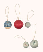 A set of 5 Grapat winter handmade and hand painted wish balls hanging decorations available at Babipur. Each decoration is painted with a festive feel with a thread looping through