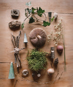 A flatlay image using the different piece from the Grapat advent calendar available at Babipur and various woodland leaves, miss and mushrooms.